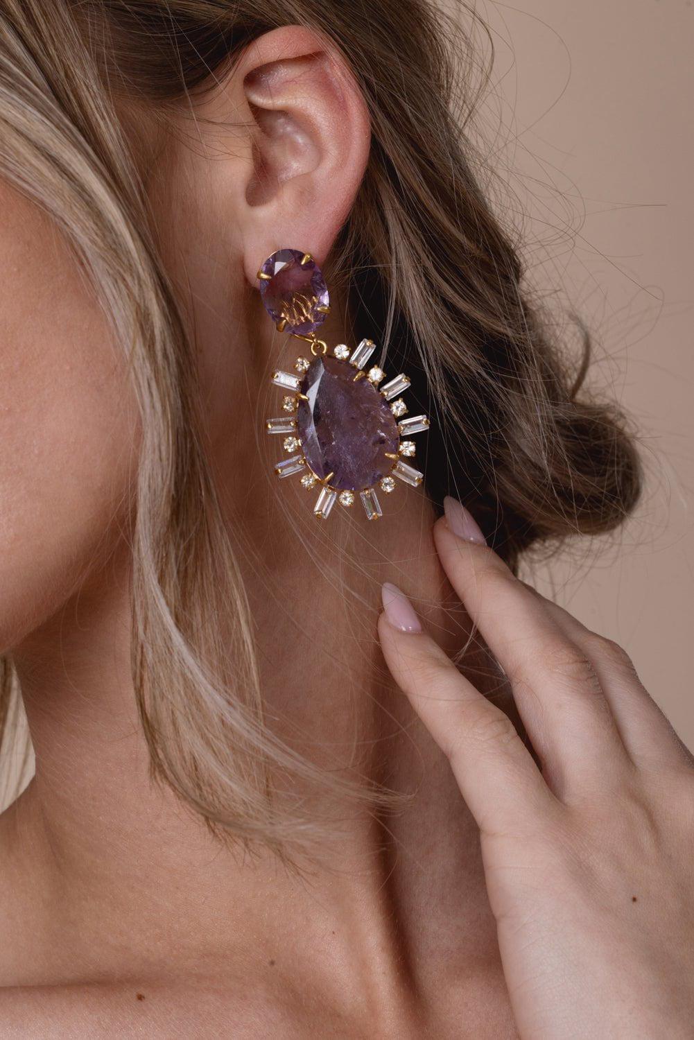 BOUNKIT JEWELRY-Amethyst Oval Top Earrings-PURPLE