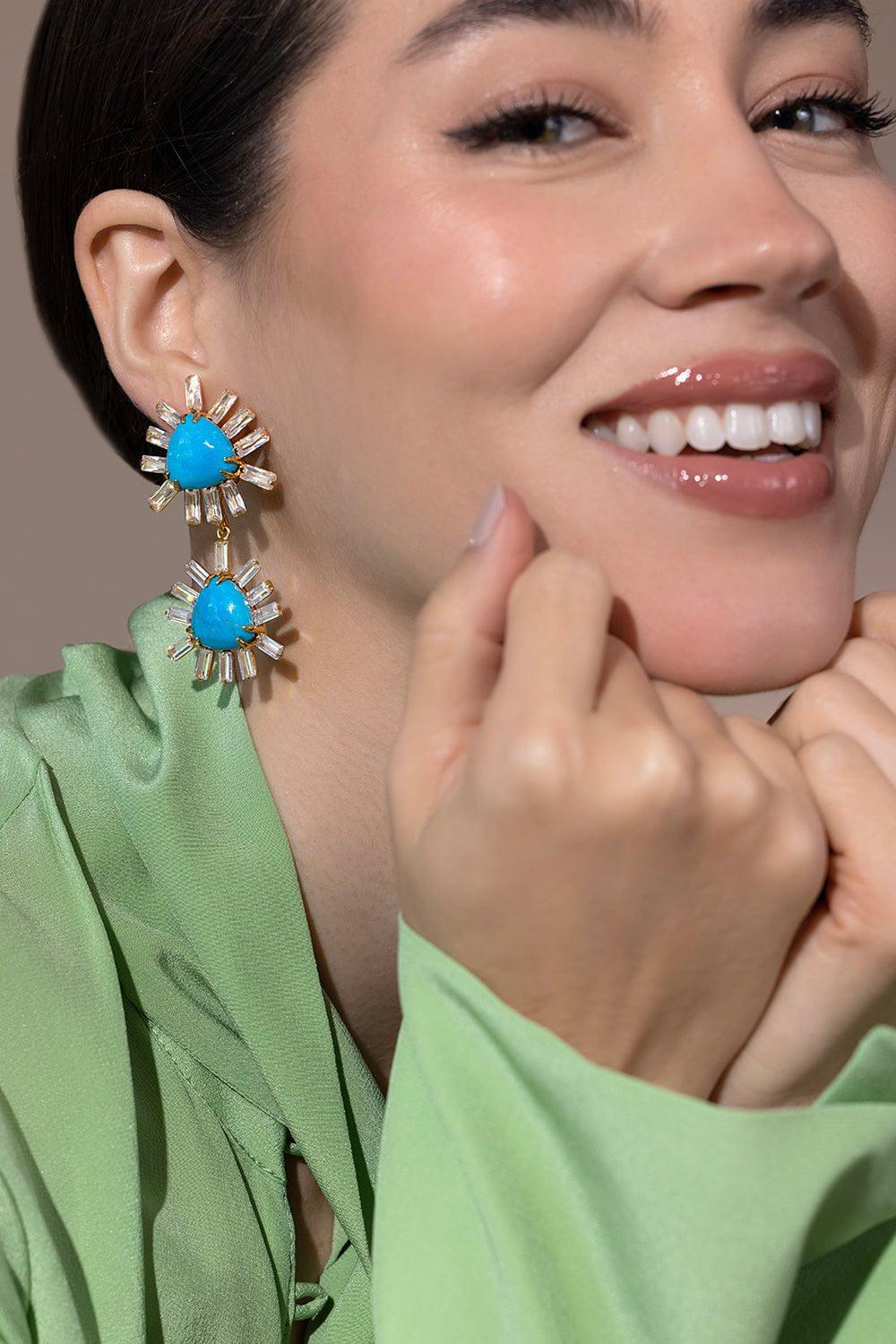 BOUNKIT JEWELRY-Double Trillion Baguette Earrings-TURQ