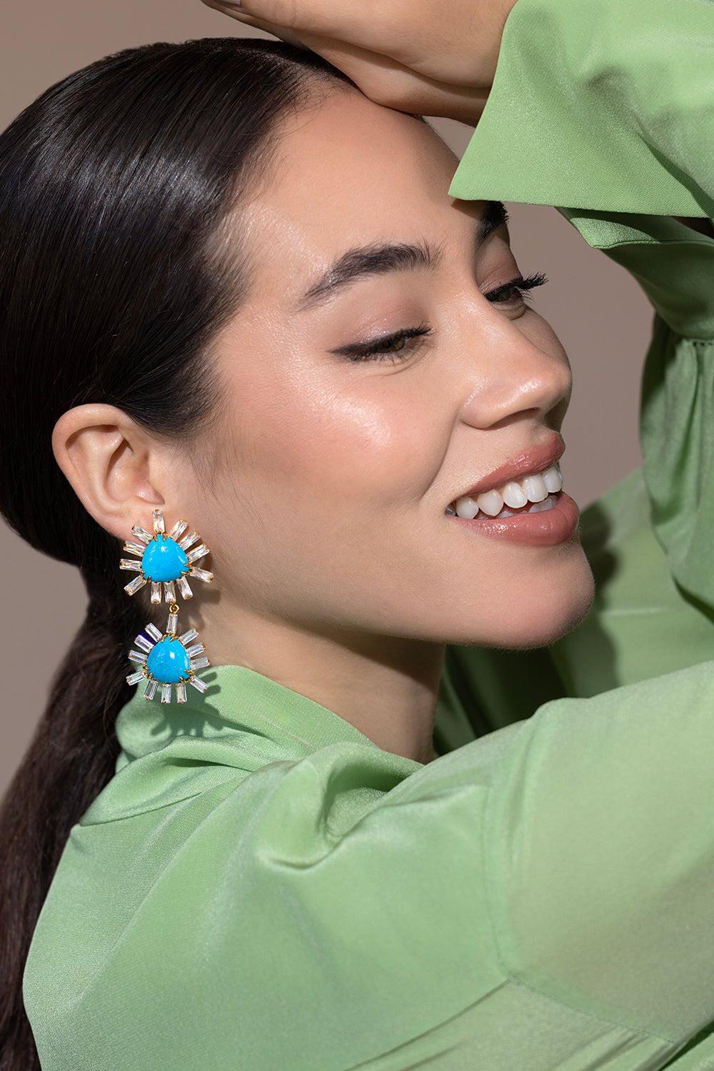 BOUNKIT JEWELRY-Double Trillion Baguette Earrings-TURQ
