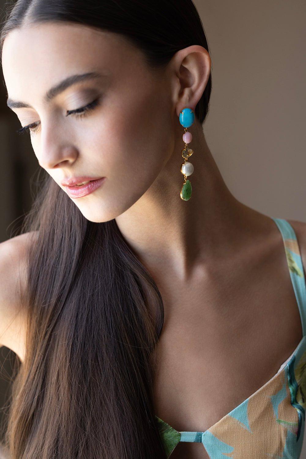 BOUNKIT JEWELRY-Multi Stone Drop Earrings-TURQ/PNK