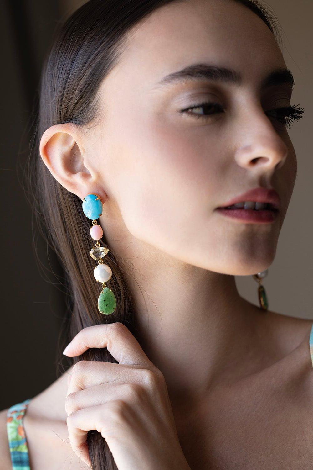 BOUNKIT JEWELRY-Multi Stone Drop Earrings-TURQ/PNK