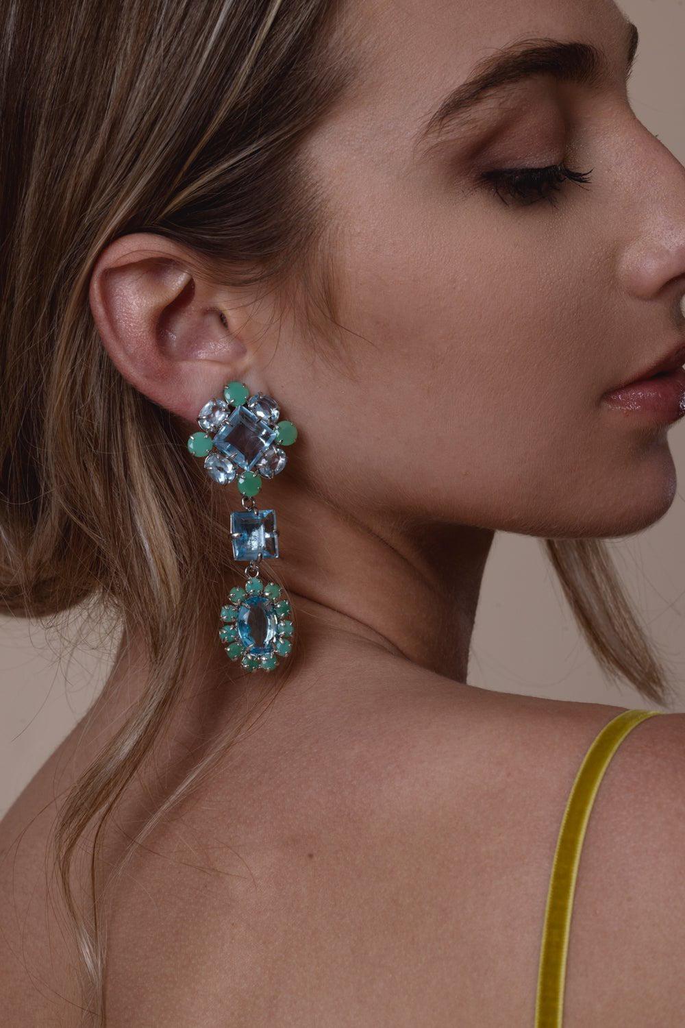 BOUNKIT JEWELRY-Blue Quartz Chrysoprase Drop Earrings-WHITE