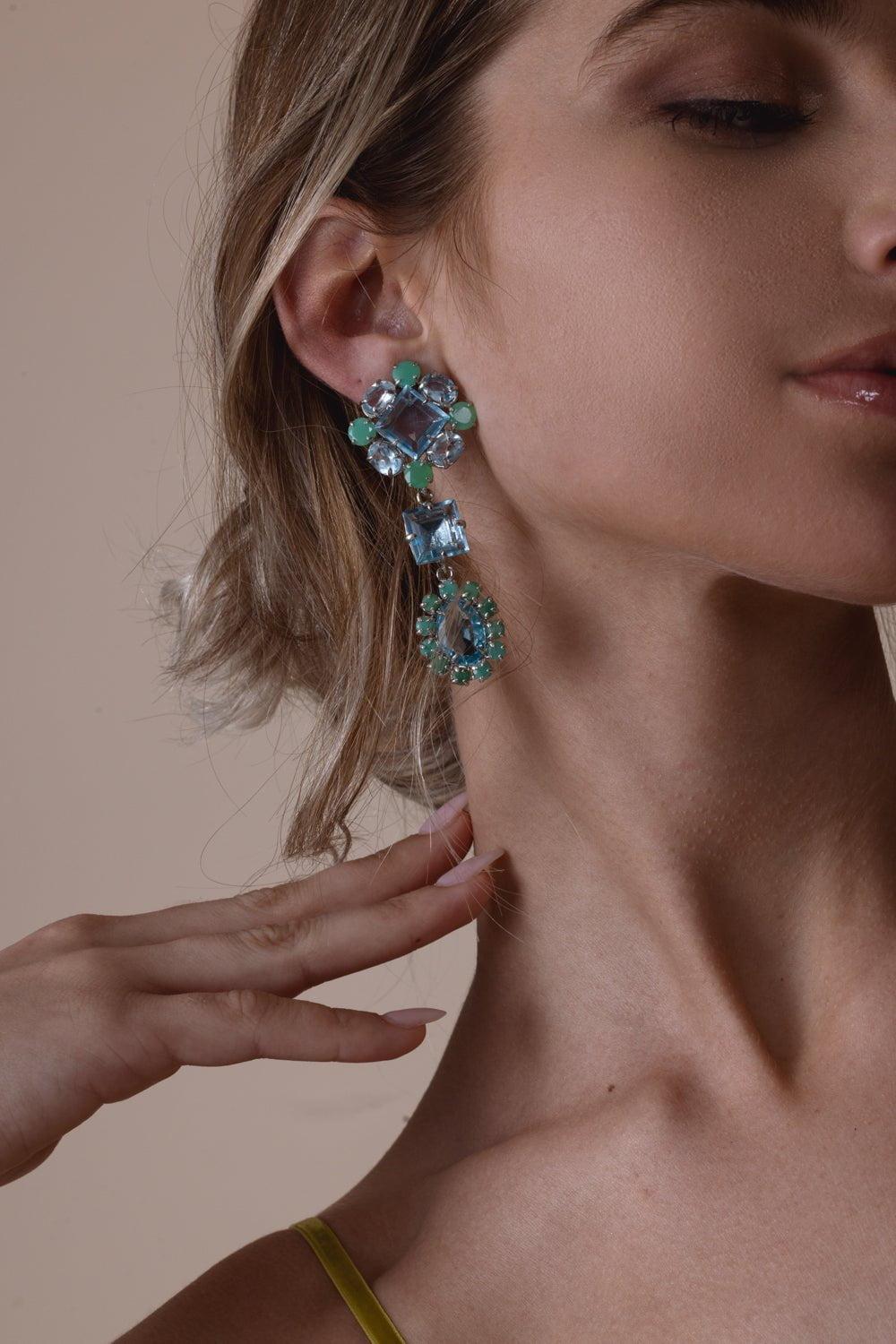 BOUNKIT JEWELRY-Blue Quartz Chrysoprase Drop Earrings-WHITE