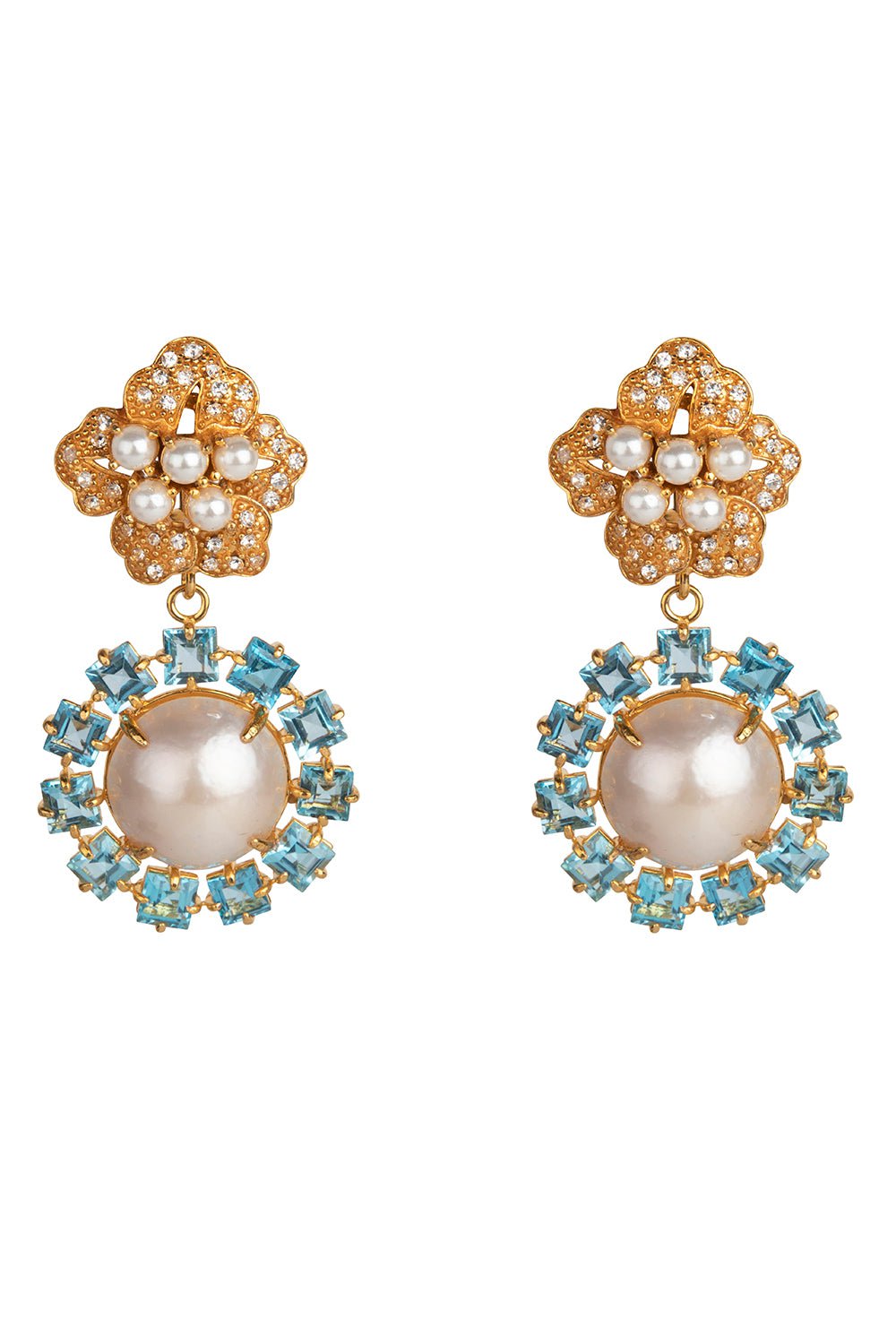 BOUNKIT JEWELRY-Blue Topaz Pearl Flower Earrings-WHITE