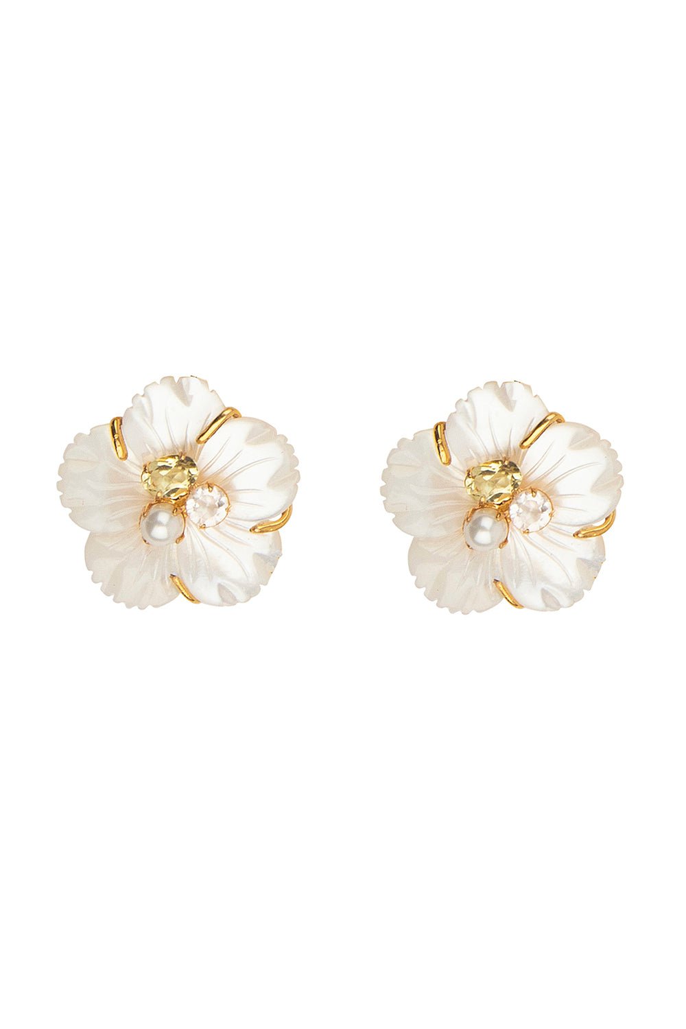 BOUNKIT JEWELRY-Lemon Quartz Flower Stud Earrings-WHITE