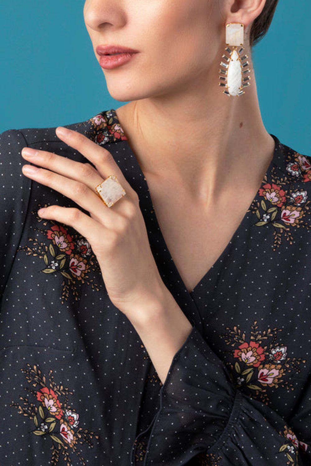 BOUNKIT JEWELRY-Moonstone Baguette Drop Earrings-WHITE