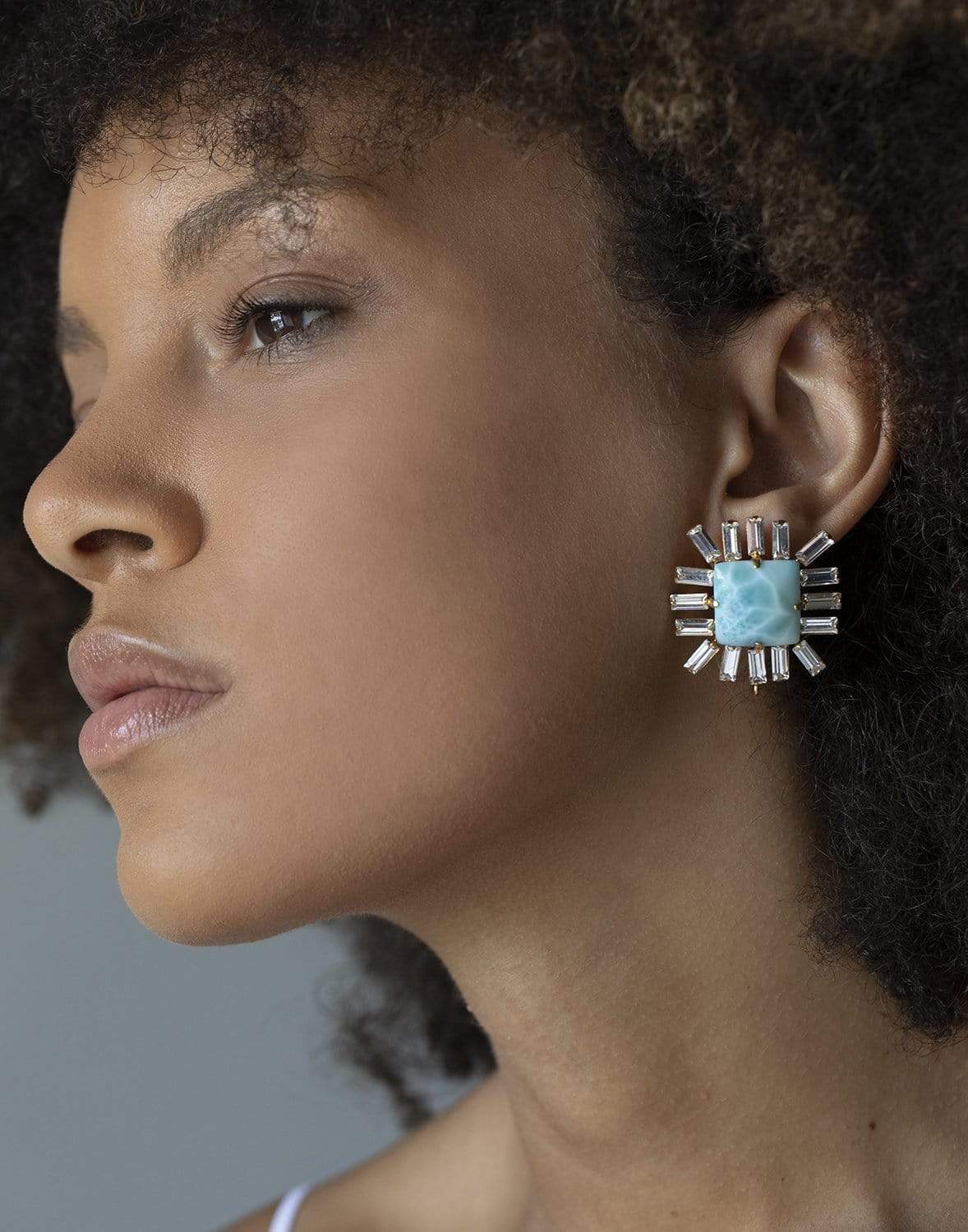 BOUNKIT JEWELRY-Larimar & Cubic Zirconia Baguette Earrings-YELLOW GOLD