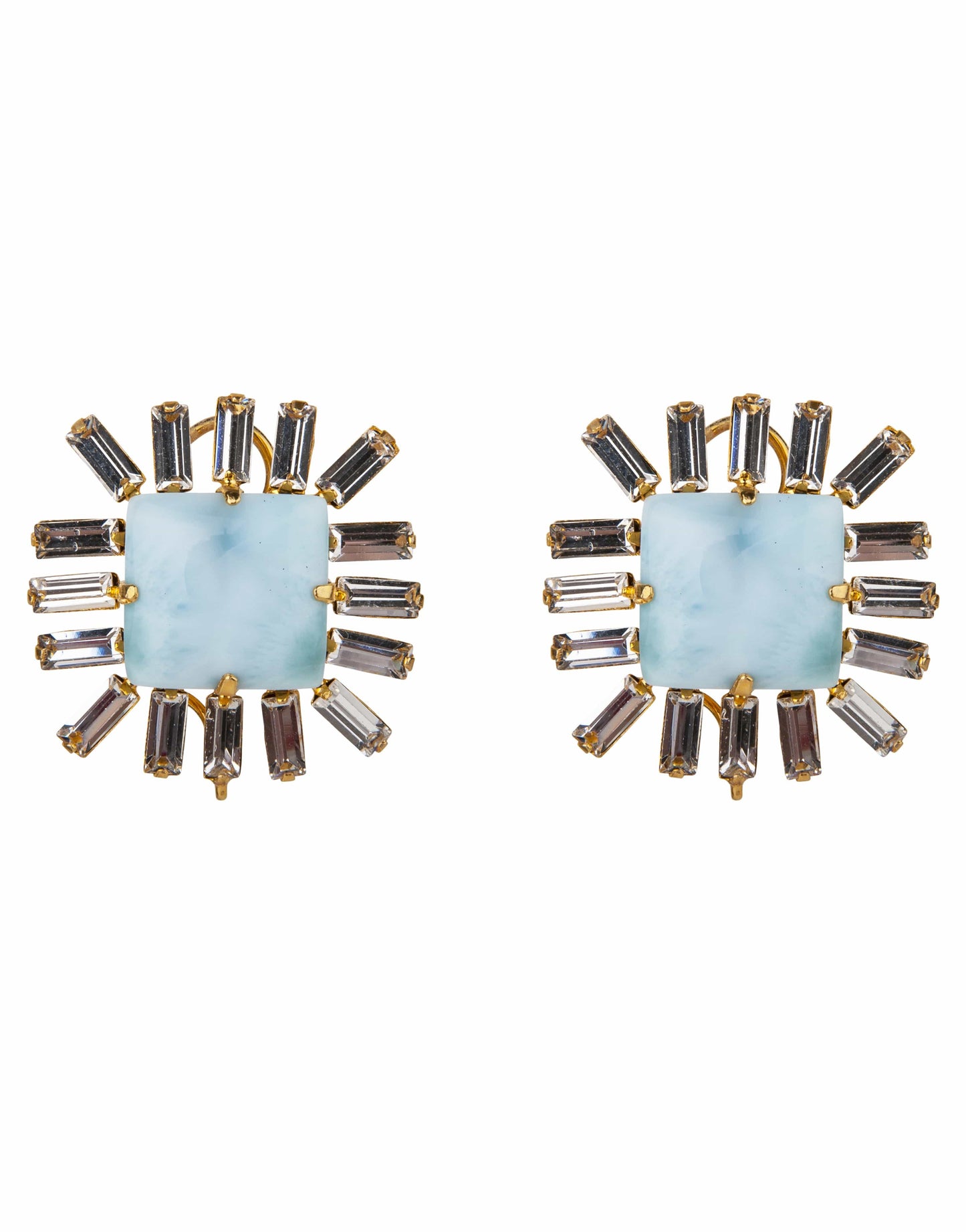 BOUNKIT JEWELRY-Larimar & Cubic Zirconia Baguette Earrings-YELLOW GOLD