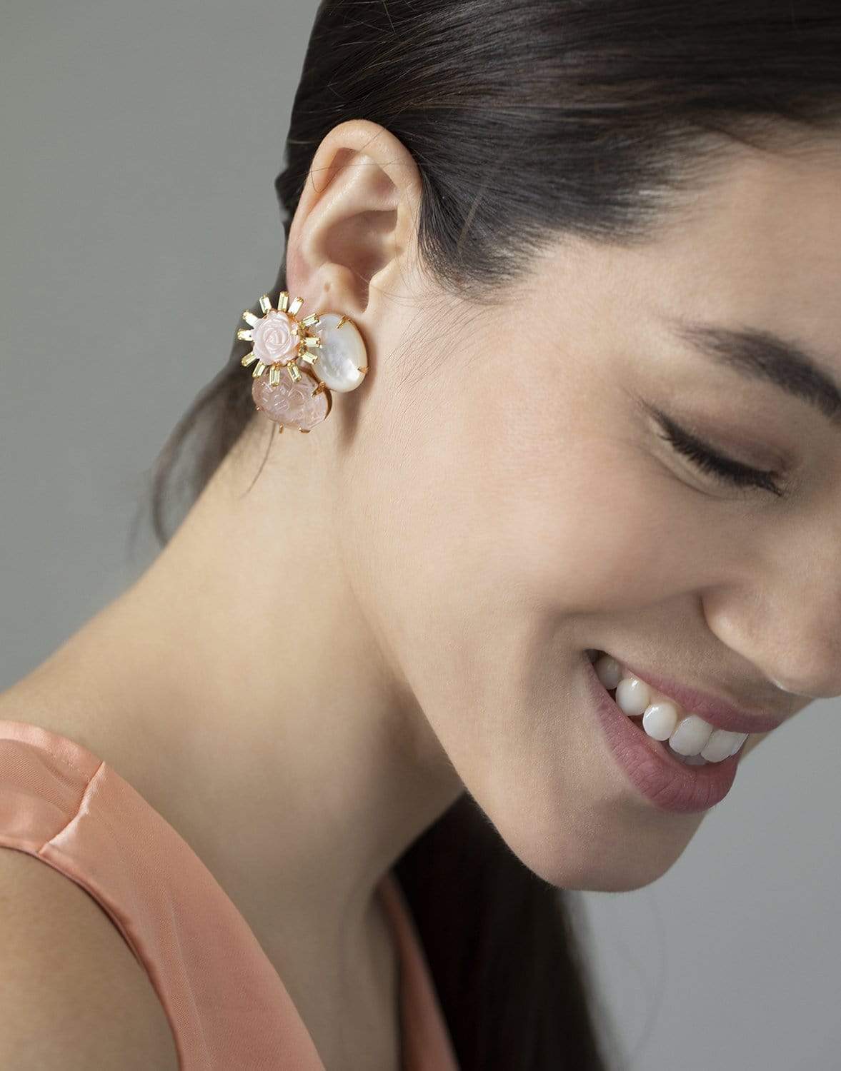 BOUNKIT JEWELRY-Pink Mother of Pearl Carved Flower Earrings-YELLOW GOLD