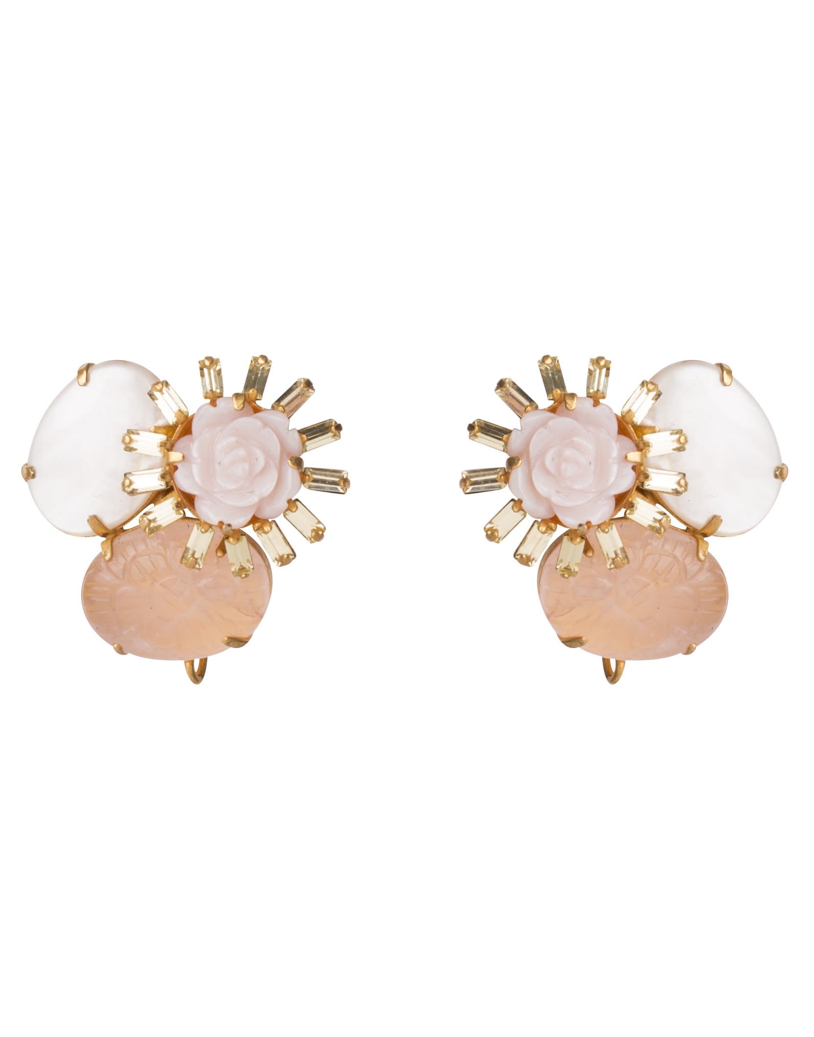 BOUNKIT JEWELRY-Pink Mother of Pearl Carved Flower Earrings-YELLOW GOLD