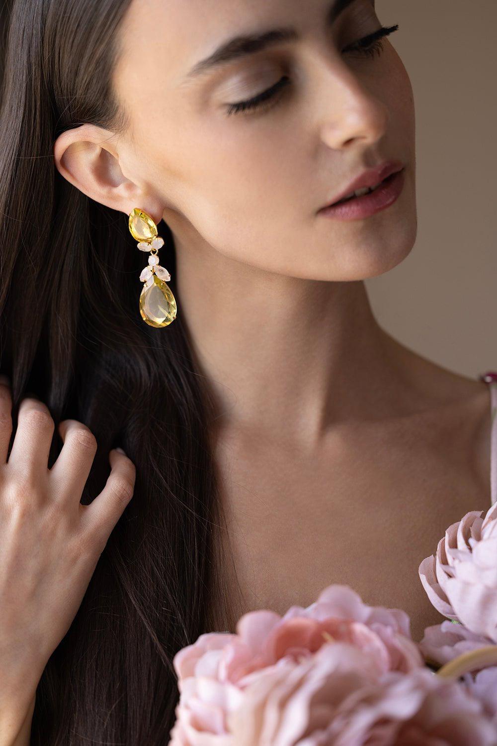 BOUNKIT JEWELRY-Lemon Quartz Drop Earrings-YELLOW