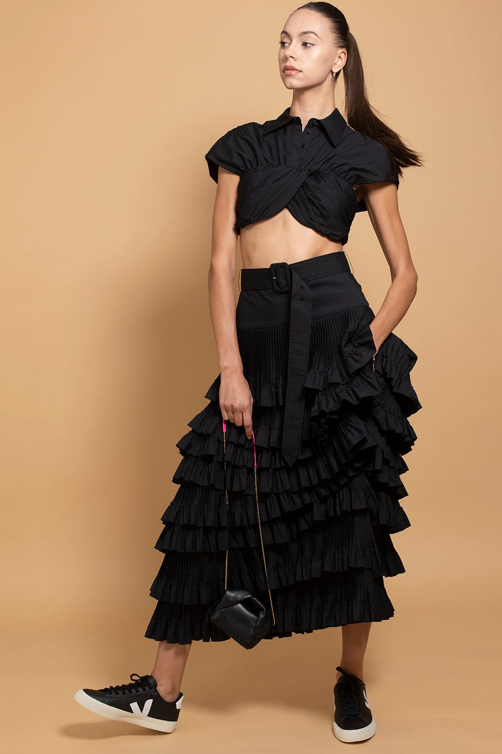BRANDON MAXWELL-Pleated Ruffle A Line Skirt-