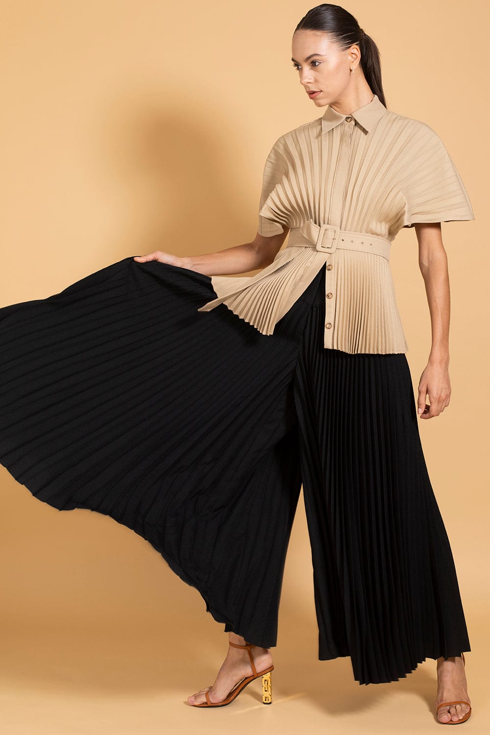 BRANDON MAXWELL-Pleated Button Up Top Belt-