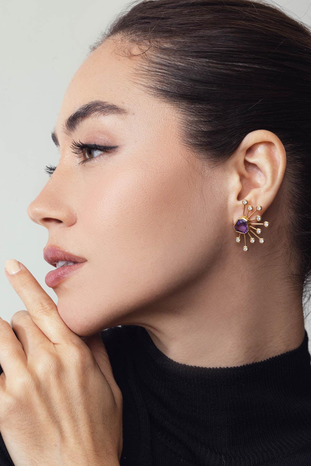 BRENT NEALE-Amethyst Kite Stud Sputnik Earrings-YELLOW GOLD