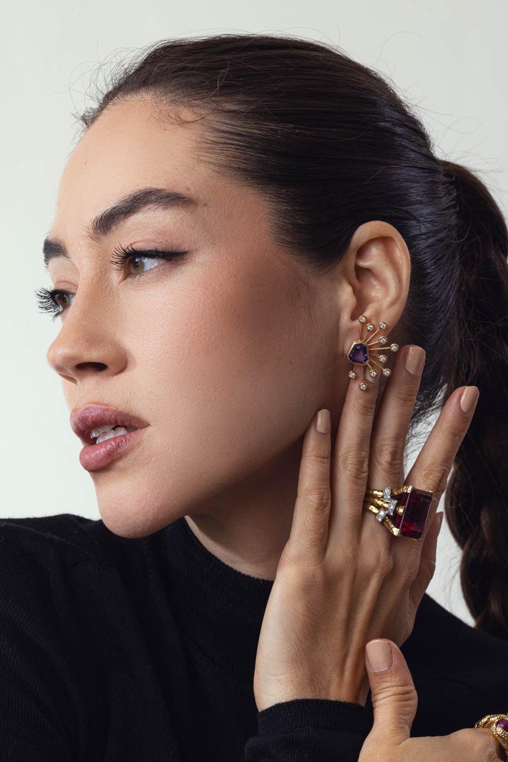 BRENT NEALE-Amethyst Kite Stud Sputnik Earrings-YELLOW GOLD