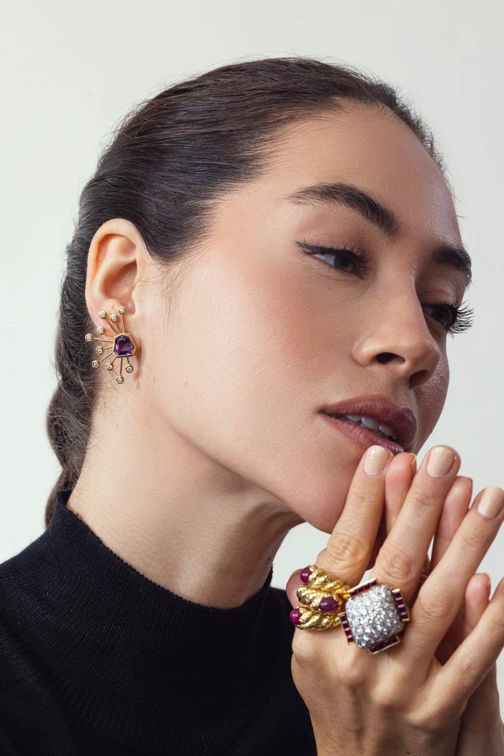 BRENT NEALE-Amethyst Kite Stud Sputnik Earrings-YELLOW GOLD