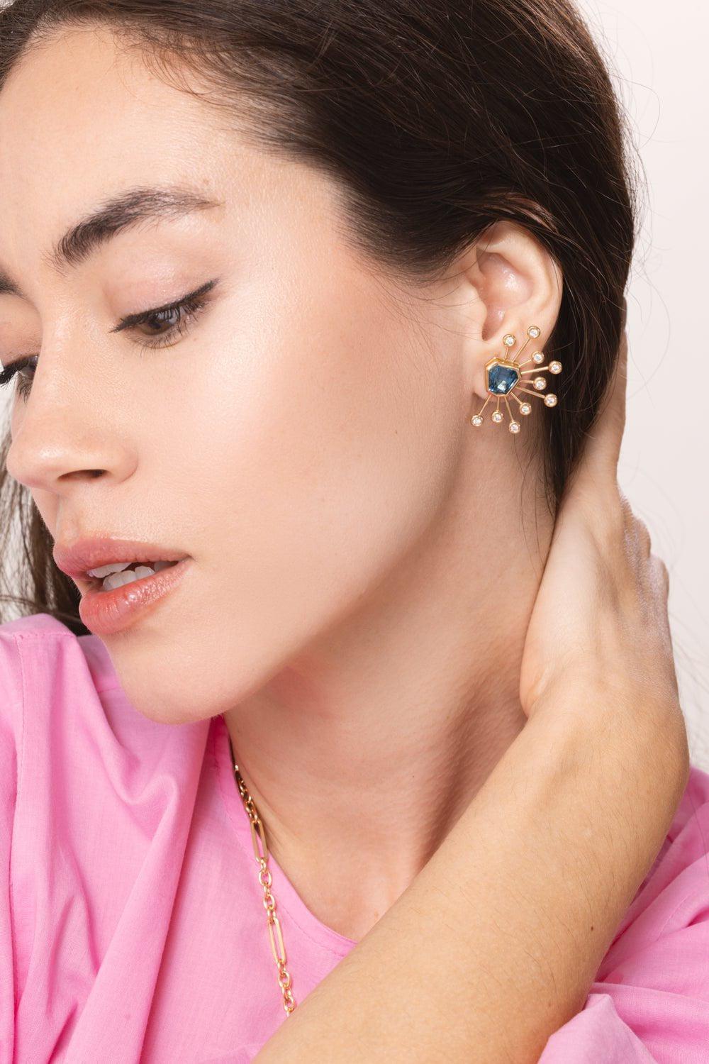 BRENT NEALE-Blue Topaz Kite Stud SputnikEarrings-YELLOW GOLD