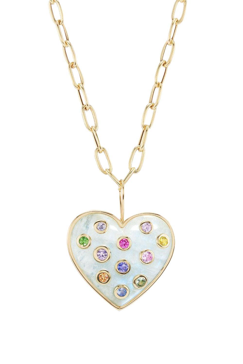 Rainbow Sapphire Medium Puff Moonstone Heart Pendant Necklace-YELLOW GOLD-JEWELRYFINE JEWELNECKLACE O-BRENT NEALE