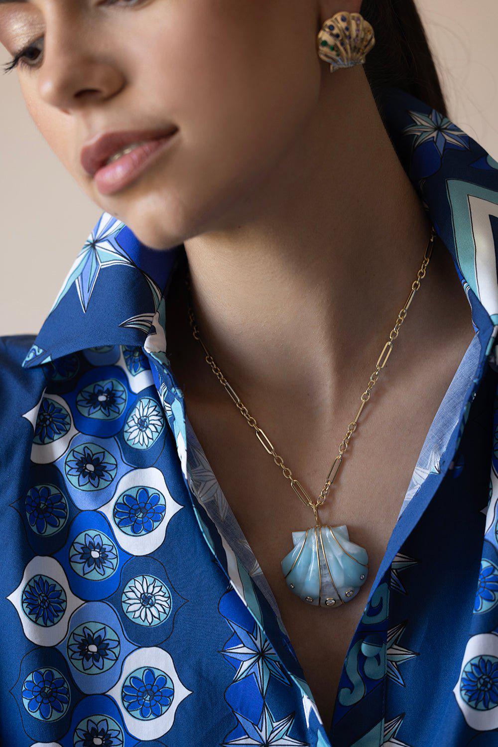 BRENT NEALE-Large Larimar Shell Pendant Necklace-YELLOW GOLD