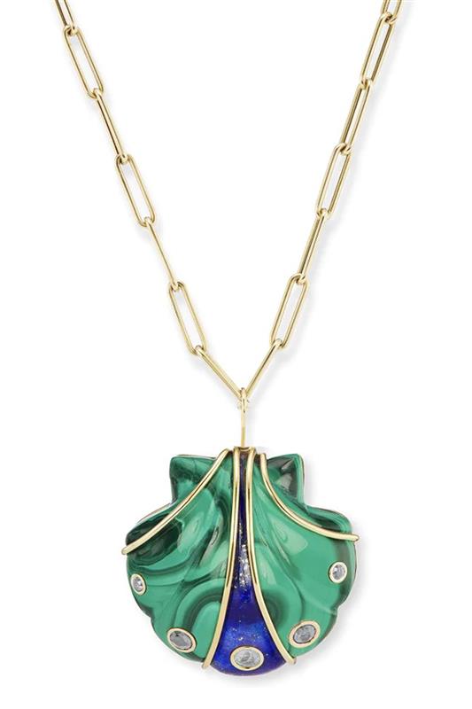 BRENT NEALE-Large Malachite Diamond Shell Necklace-YELLOW GOLD