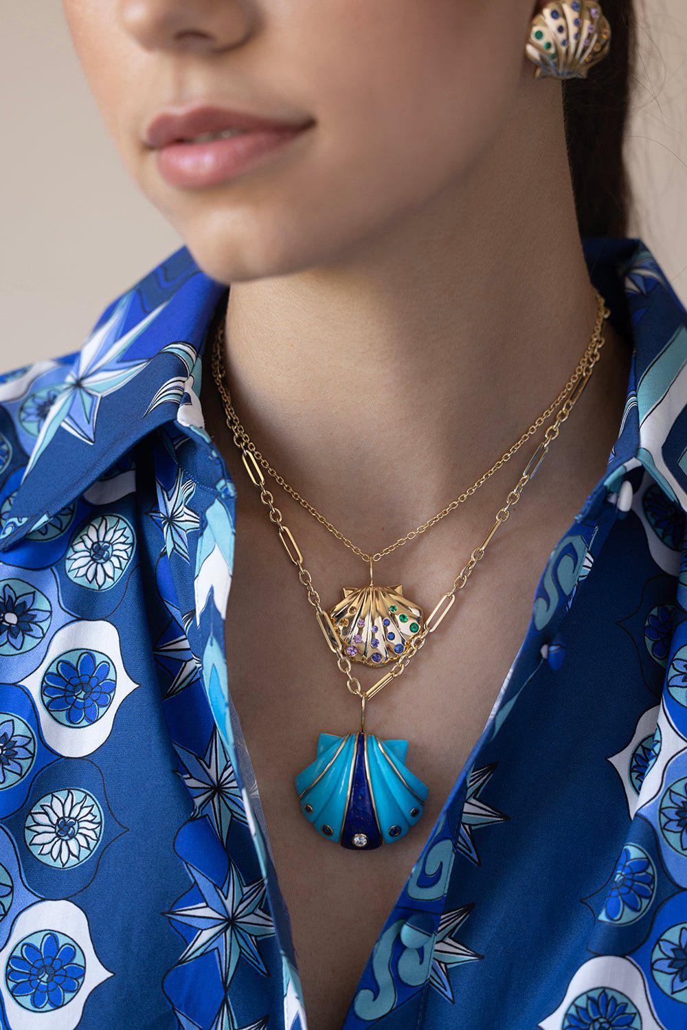 BRENT NEALE-Large Turquoise Shell Pendant Necklace-YELLOW GOLD