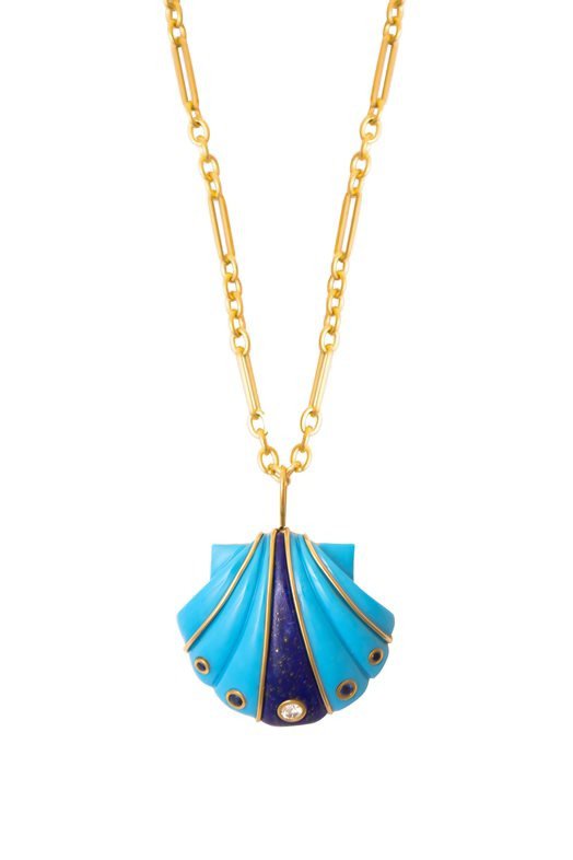 BRENT NEALE-Large Turquoise Shell Pendant Necklace-YELLOW GOLD