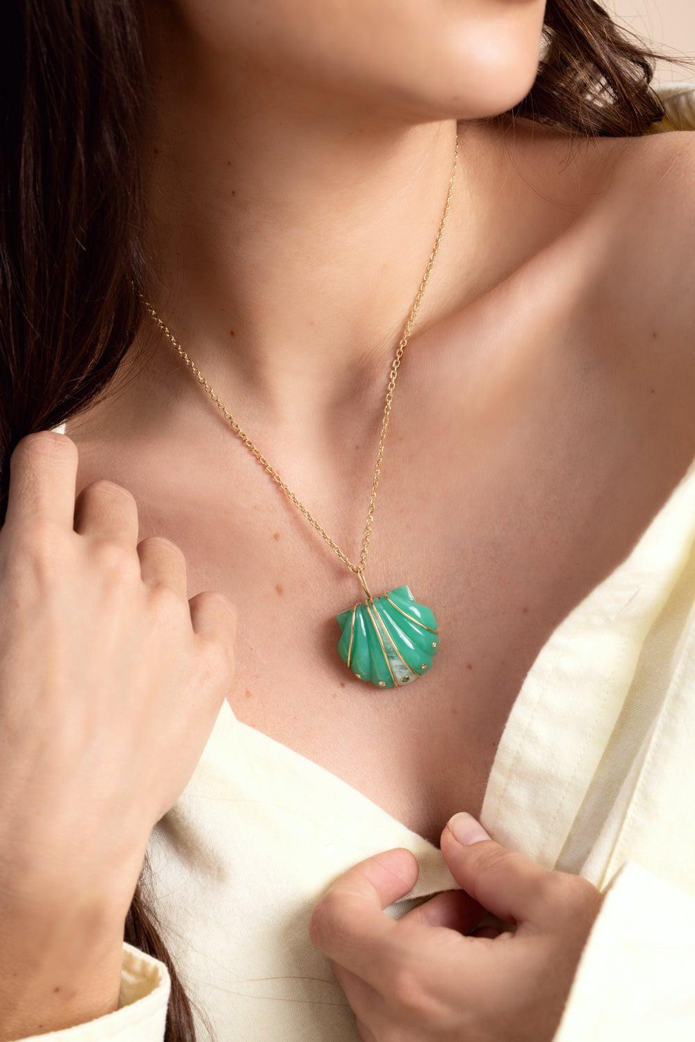BRENT NEALE-Small Chrysoprase Moonstone Diamond Shell Pendant Necklace-YELLOW GOLD