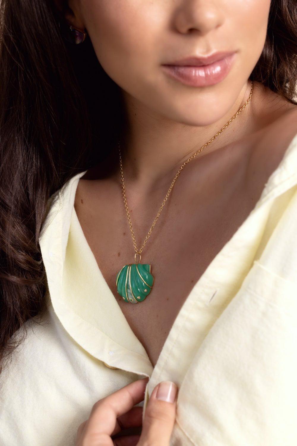 BRENT NEALE-Small Chrysoprase Moonstone Diamond Shell Pendant Necklace-YELLOW GOLD
