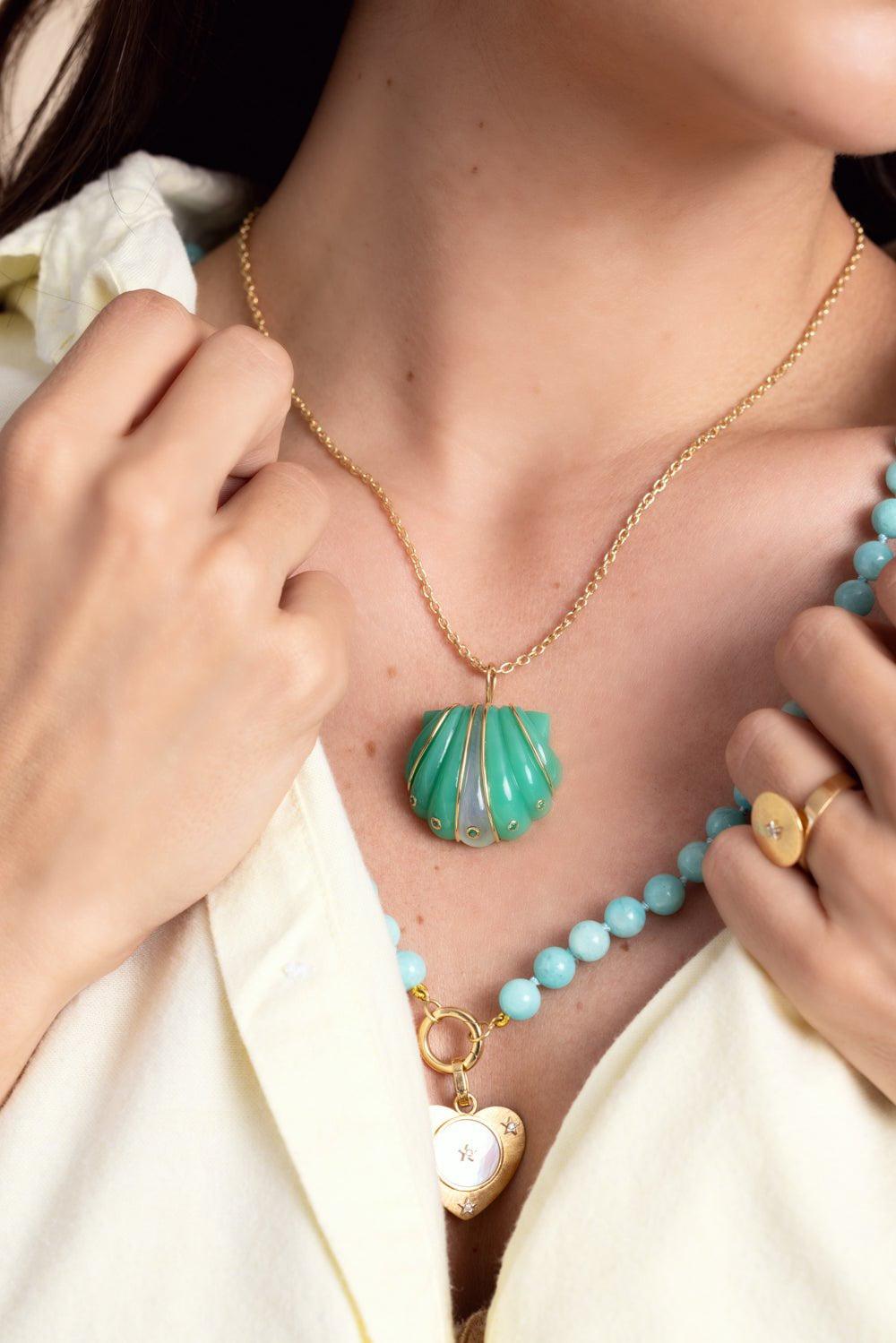 BRENT NEALE-Small Chrysoprase Moonstone Shell Pendant Necklace-YELLOW GOLD