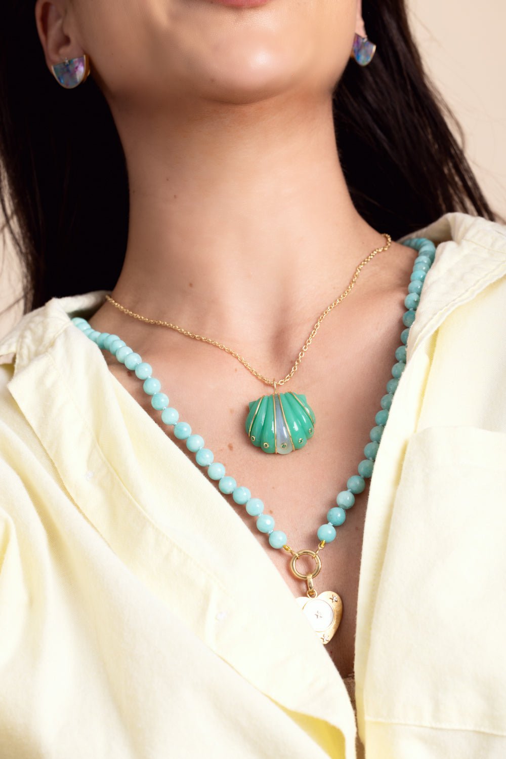 BRENT NEALE-Small Chrysoprase Moonstone Shell Pendant Necklace-YELLOW GOLD