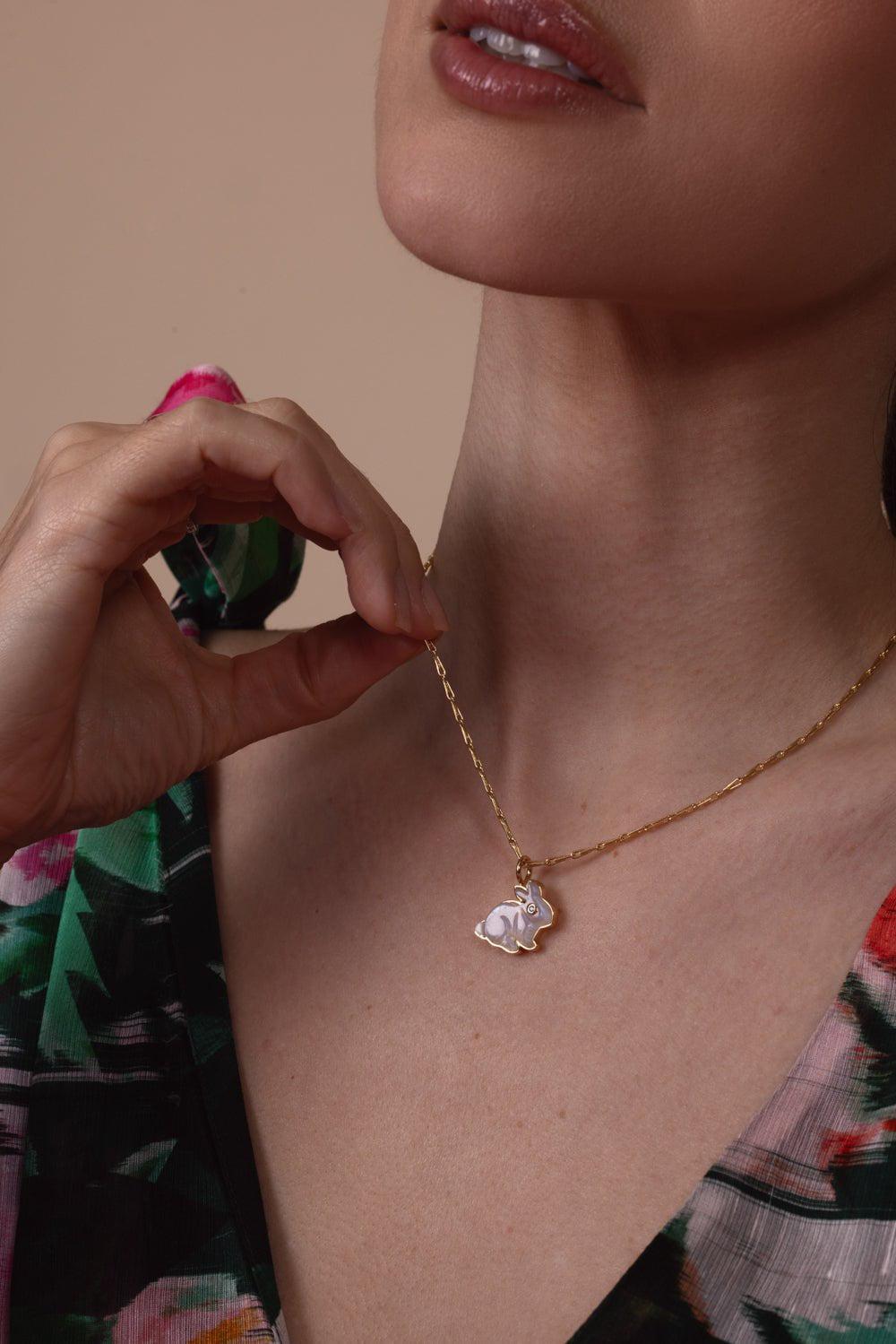 BRENT NEALE-Small Moonstone Bunny Pendant Necklace-YELLOW GOLD