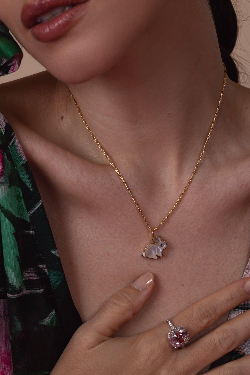 BRENT NEALE-Small Moonstone Bunny Pendant Necklace-YELLOW GOLD