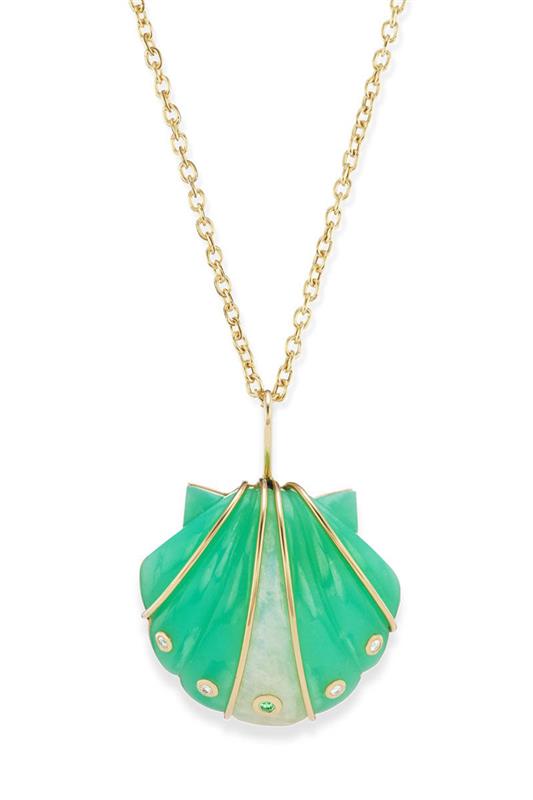 BRENT NEALE-Small Chrysoprase Moonstone Diamond Shell Pendant Necklace-YELLOW GOLD