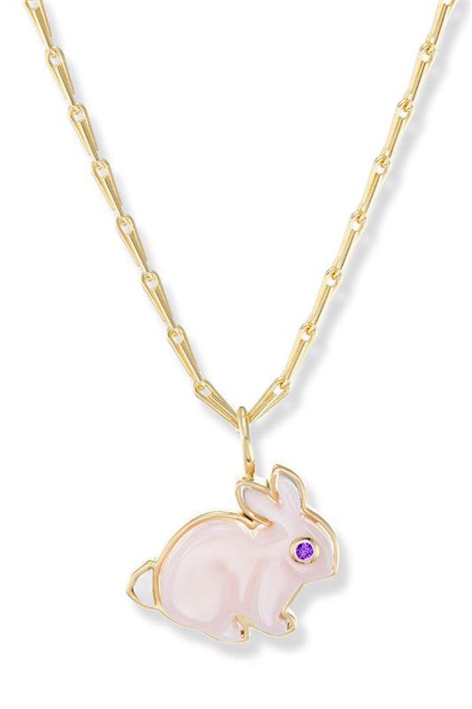 BRENT NEALE-Small Pink Opal Bunny Pendant Necklace-YELLOW GOLD