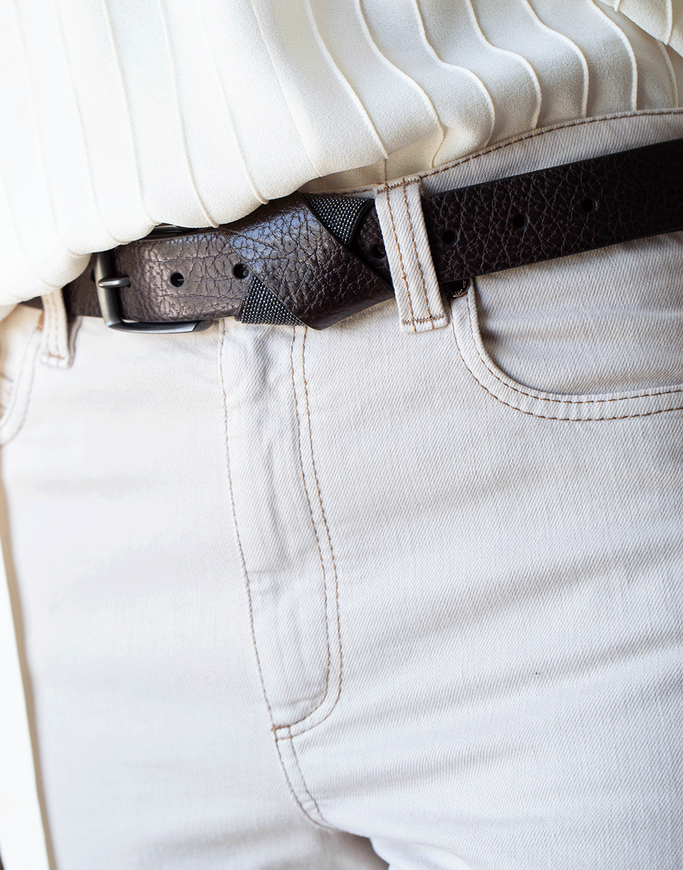 BRUNELLO CUCINELLI-Coffee Hammered Shiny Leather Monili Cross Belt-