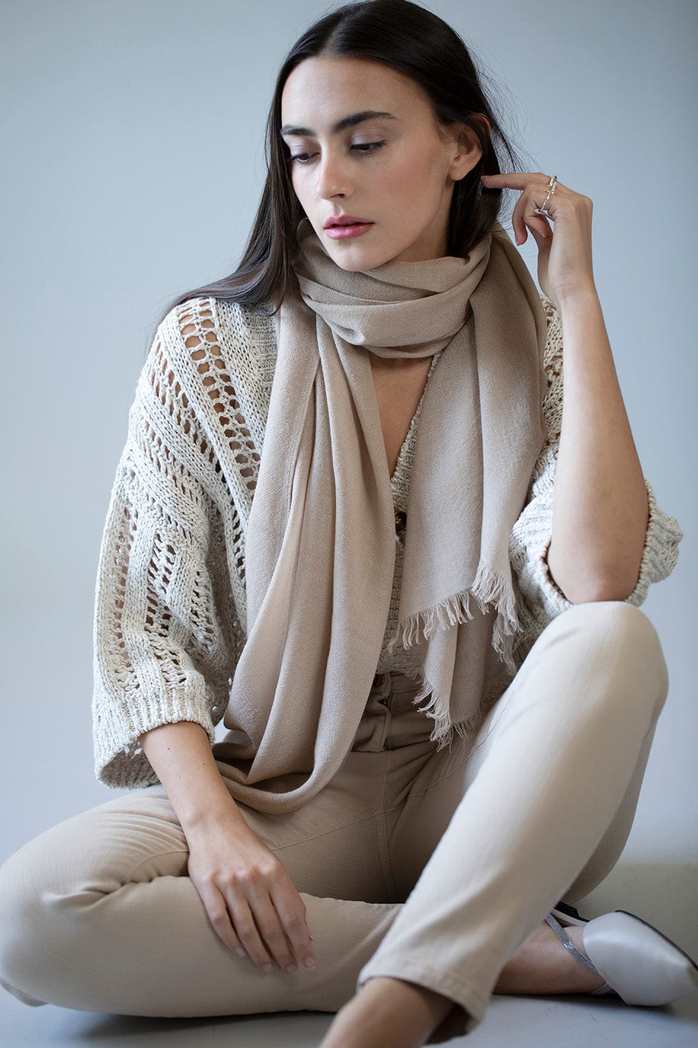 BRUNELLO CUCINELLI-Cashmere Silk Fringe Scarf - Almond Butter-ALMOND BUTTER