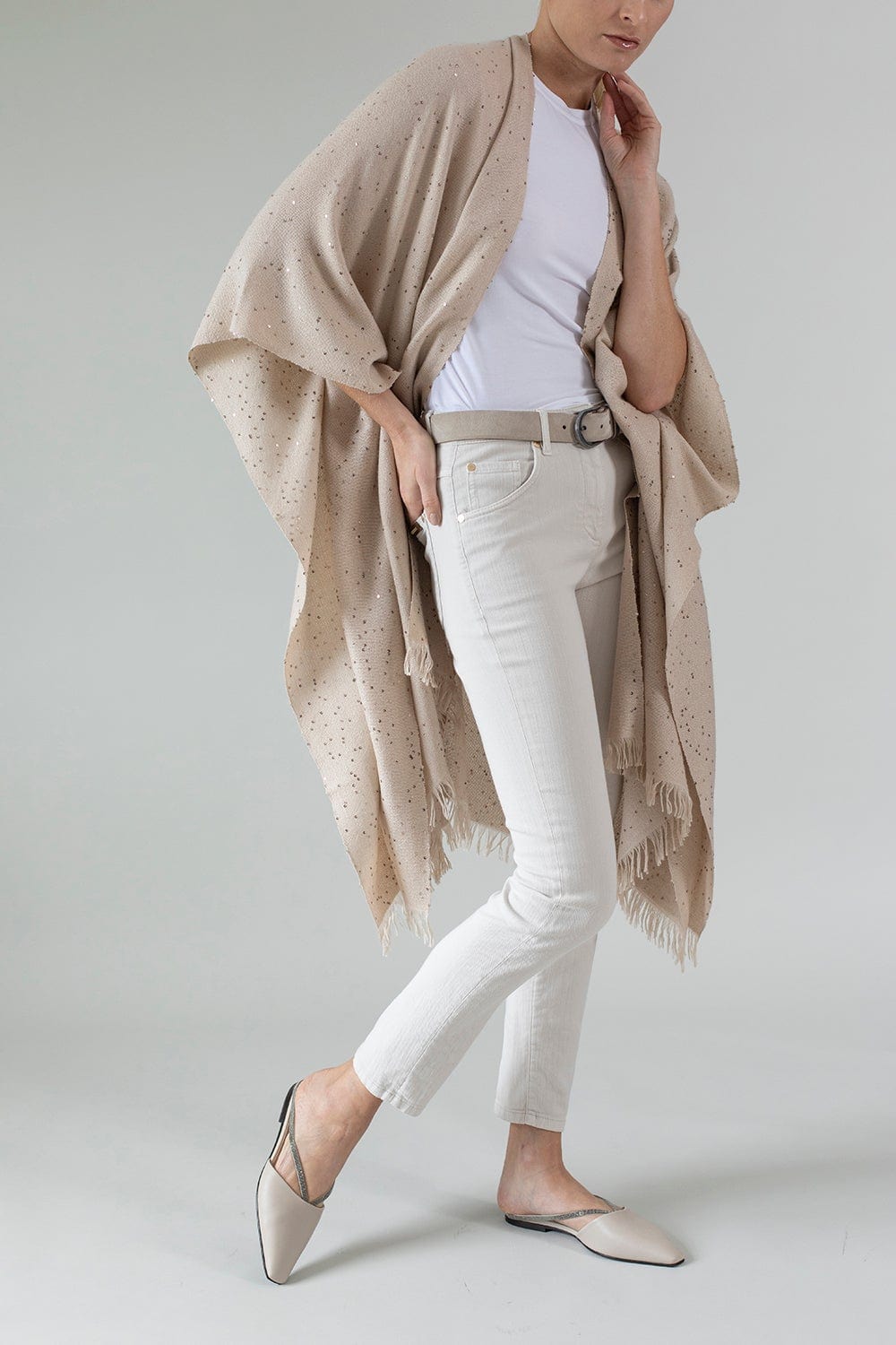 BRUNELLO CUCINELLI-Cashmere Silk Paillette Poncho-ALMOND