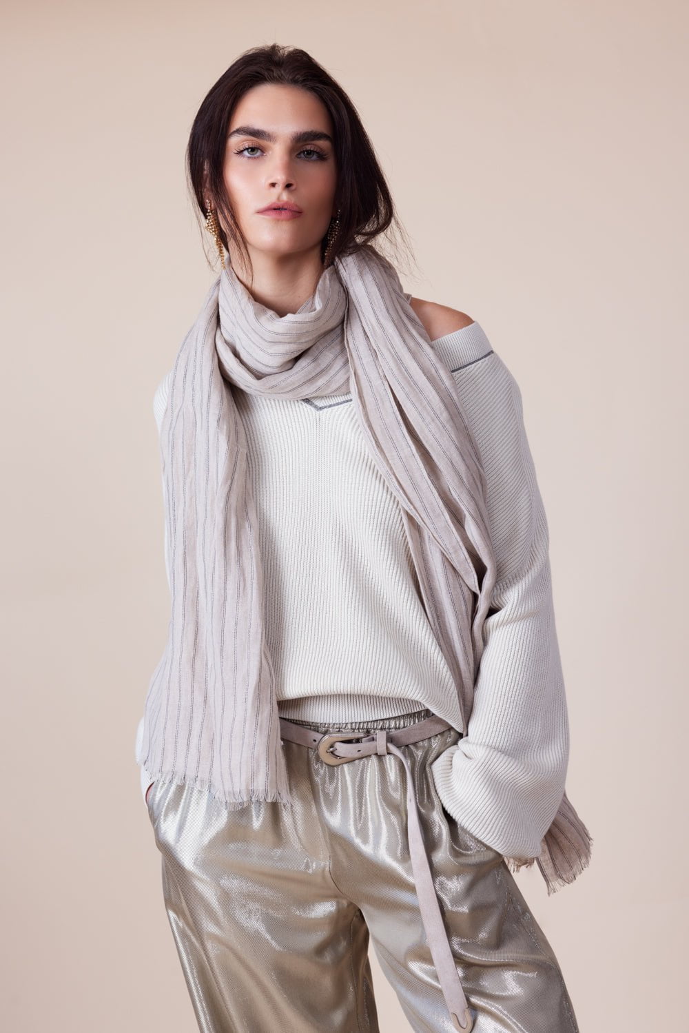 BRUNELLO CUCINELLI-Striped Scarf - Beige-BEIGE
