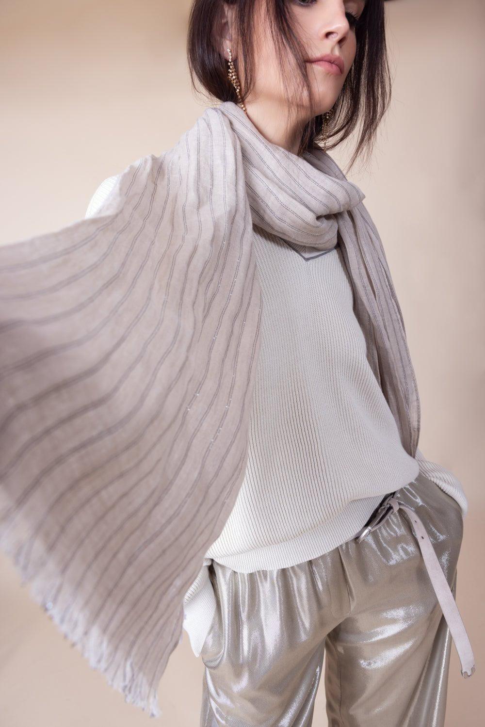 BRUNELLO CUCINELLI-Striped Scarf - Beige-BEIGE