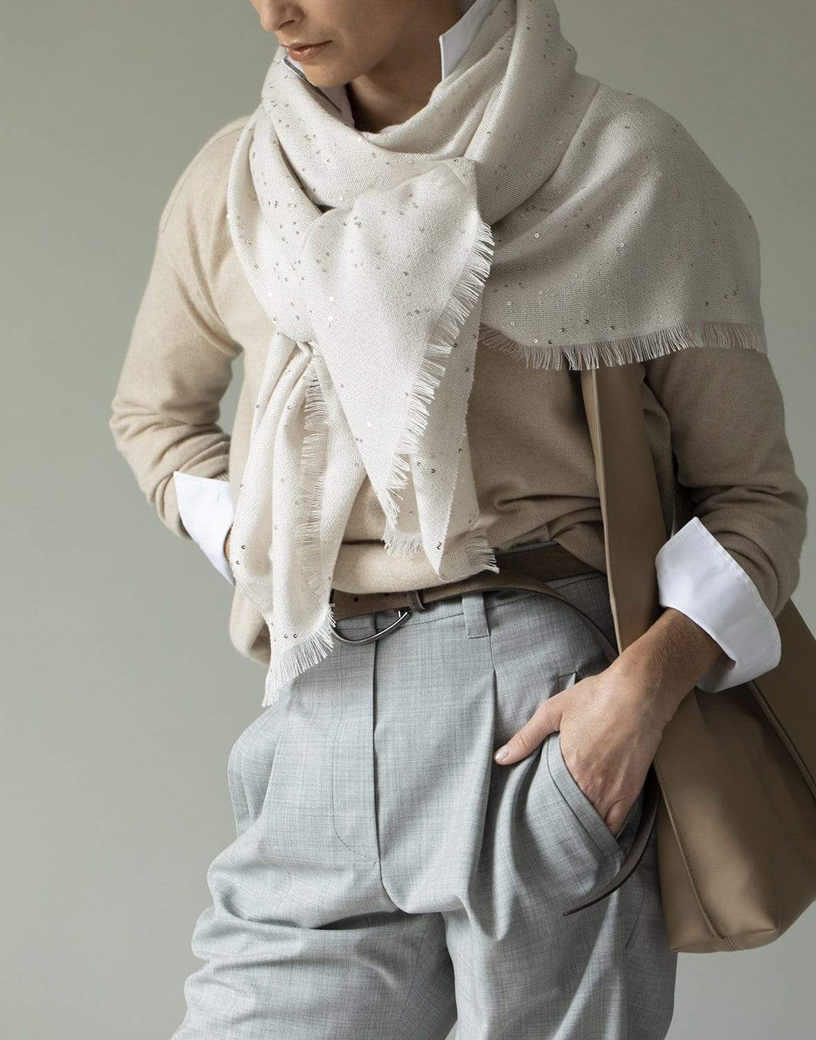 BRUNELLO CUCINELLI-Cashmere Silk Paillette Scarf-OYSTER