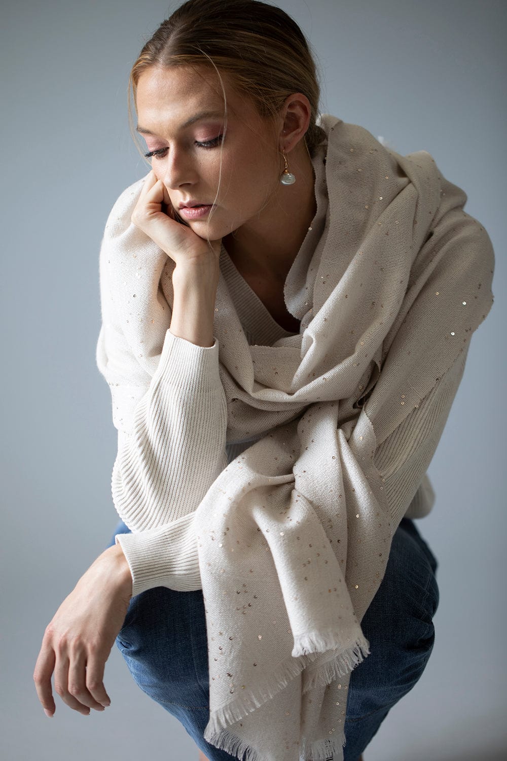 BRUNELLO CUCINELLI-Cashmere Silk Paillette Scarf - Oyster-OYSTER