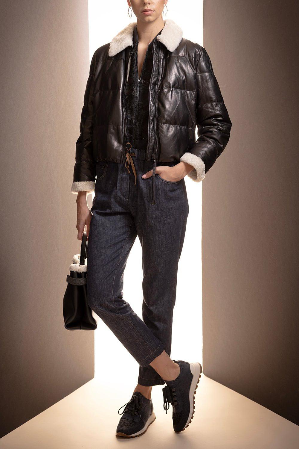 BRUNELLO CUCINELLI-Shearling Collar Leather Jacket-BLACK