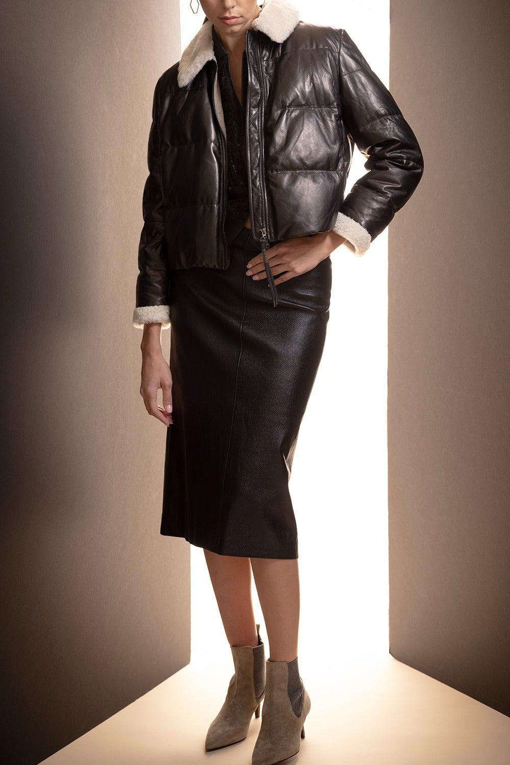 BRUNELLO CUCINELLI-Shearling Collar Leather Jacket-BLACK