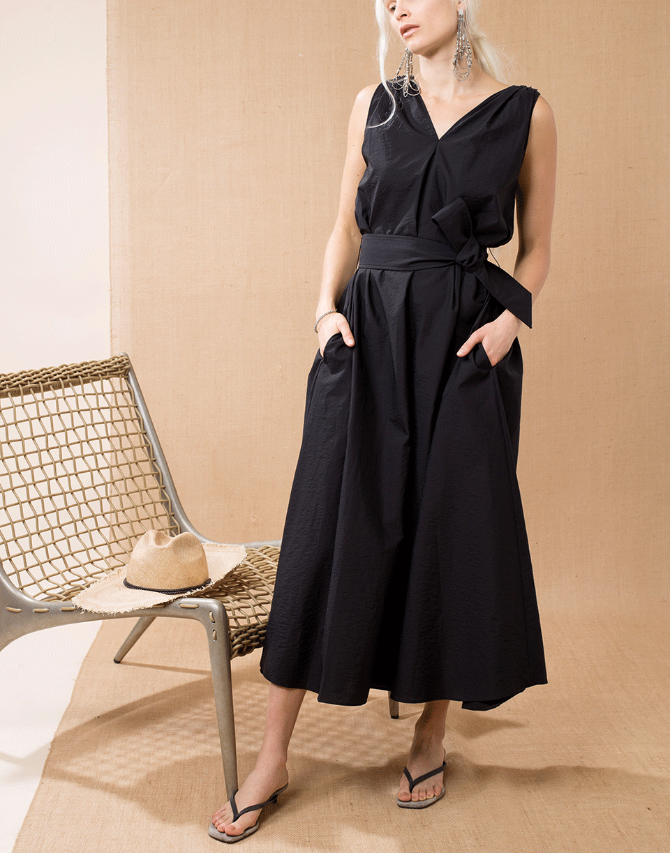 BRUNELLO CUCINELLI-Black Monilli Shoulder Detail Belted Dress-