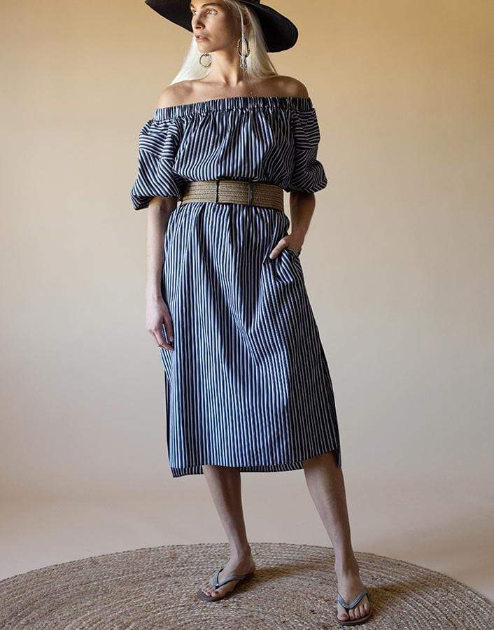 BRUNELLO CUCINELLI-Striped Off-Shoulder Belted Dress-