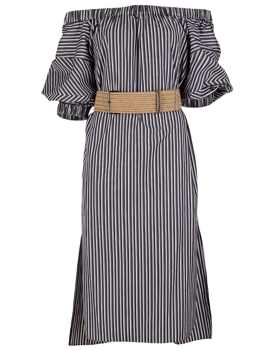 BRUNELLO CUCINELLI-Striped Off-Shoulder Belted Dress-