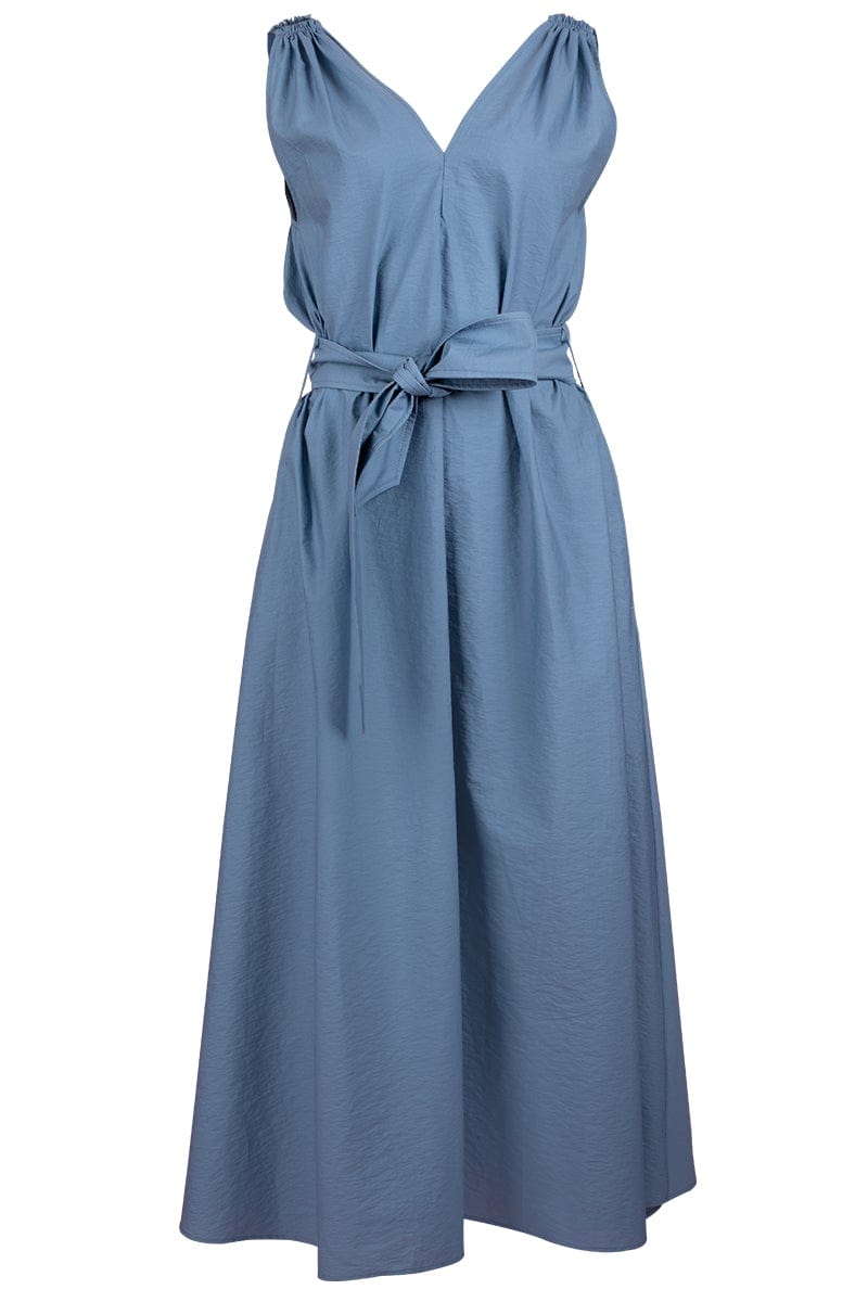 BRUNELLO CUCINELLI-Sleeveless Poplin Belted Dress - Blue-