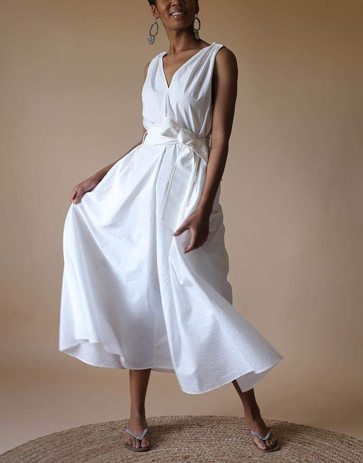 BRUNELLO CUCINELLI-Natural Sleeveless Belted Poplin Dress-