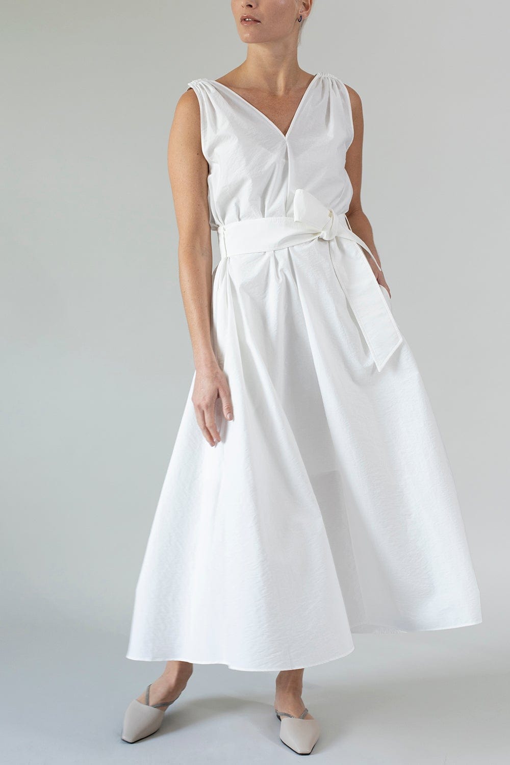 BRUNELLO CUCINELLI-Sleeveless Poplin Belted Dress - Natural-