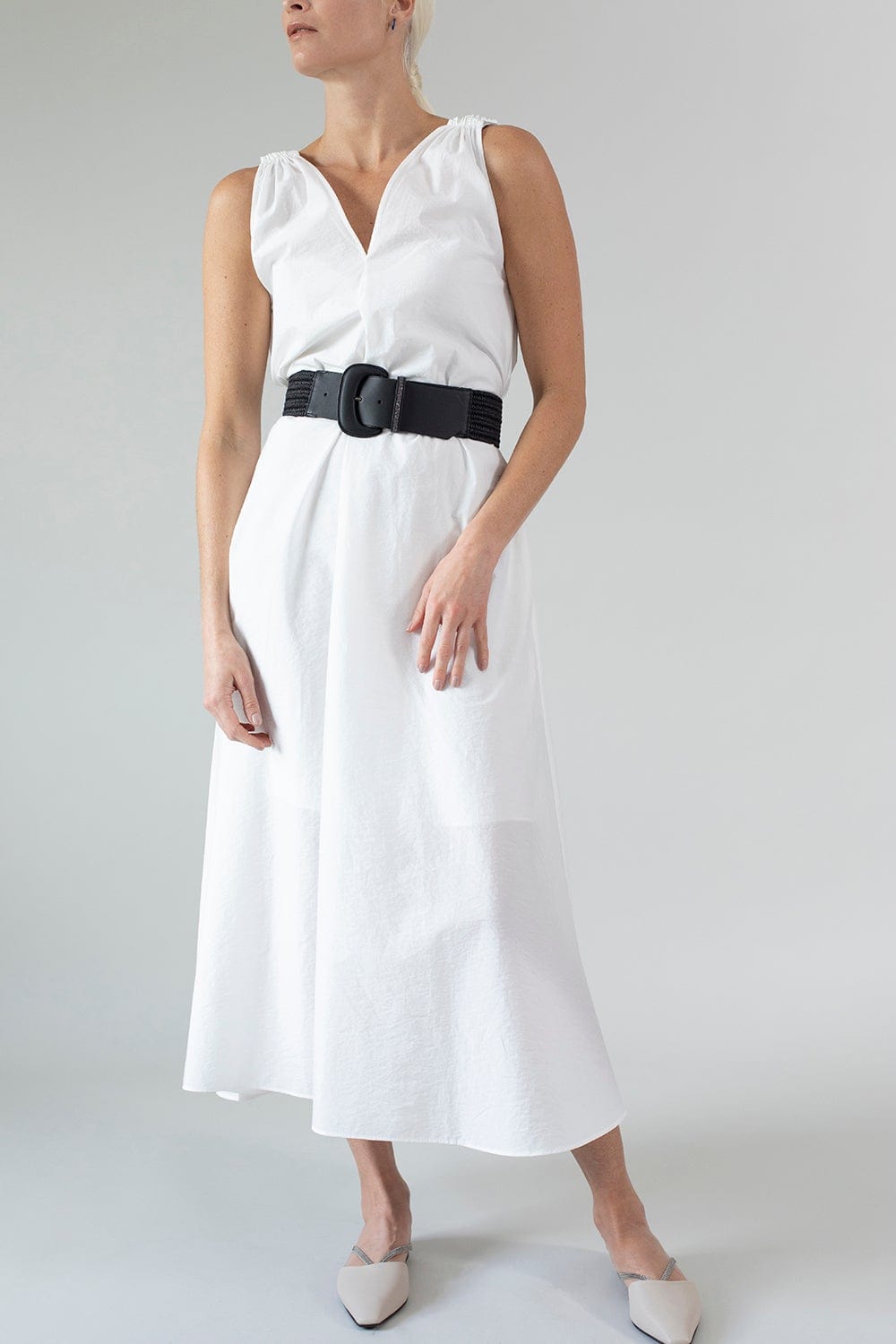 BRUNELLO CUCINELLI-Sleeveless Poplin Belted Dress - Natural-